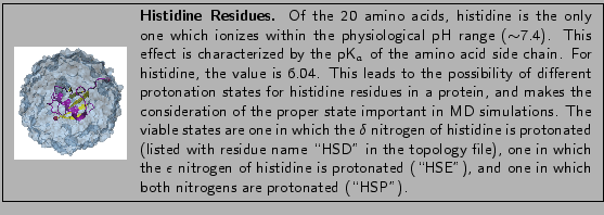 \fbox{
\begin{minipage}{.2\textwidth}
\includegraphics[width=2.3 cm, height=2....
...'), and one in which both nitrogens are protonated (\lq\lq HSP'').}
\end{minipage} }